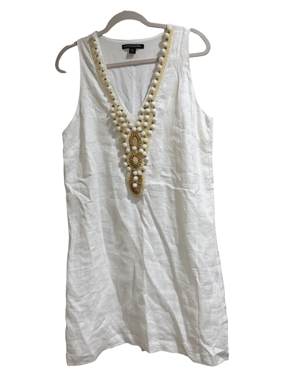 ✨ Boston Proper Linen White Shift Dress Yellow Gold Beaded Detail Size Medium - Picture 4 of 13